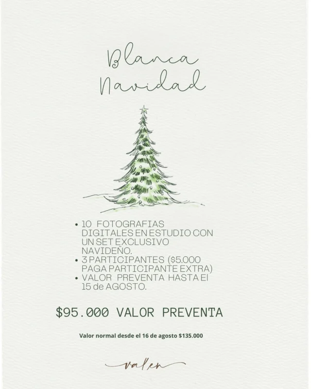 PREVENTA NAVIDEÑA!! 

Este año la blanca Navidad te espera en mi estudio 🌲🌲🌲

APROVECHA EL VALOR PREVENTA HASTA EL 16 DE AGOSTO!

INCLUYE 

10 fotografías digitales
3 participante ($5000 paga el participante extra)

#navidad#preventanavideña#recuerdosfamiliares#familia#